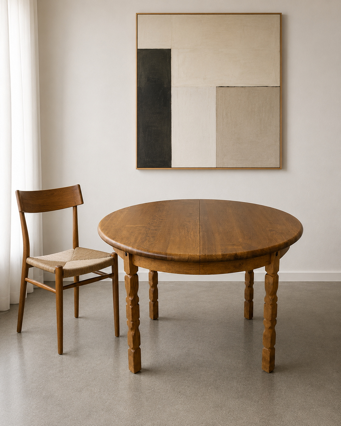 Solid Oak table with 2 leaves Ø124 + 2x55