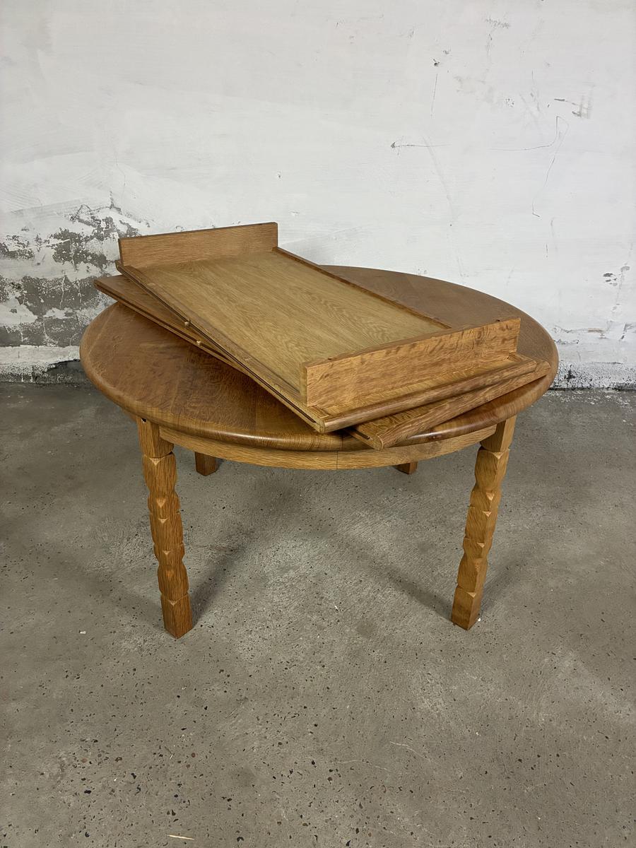 Solid Oak table with 2 leaves Ø124 + 2x55