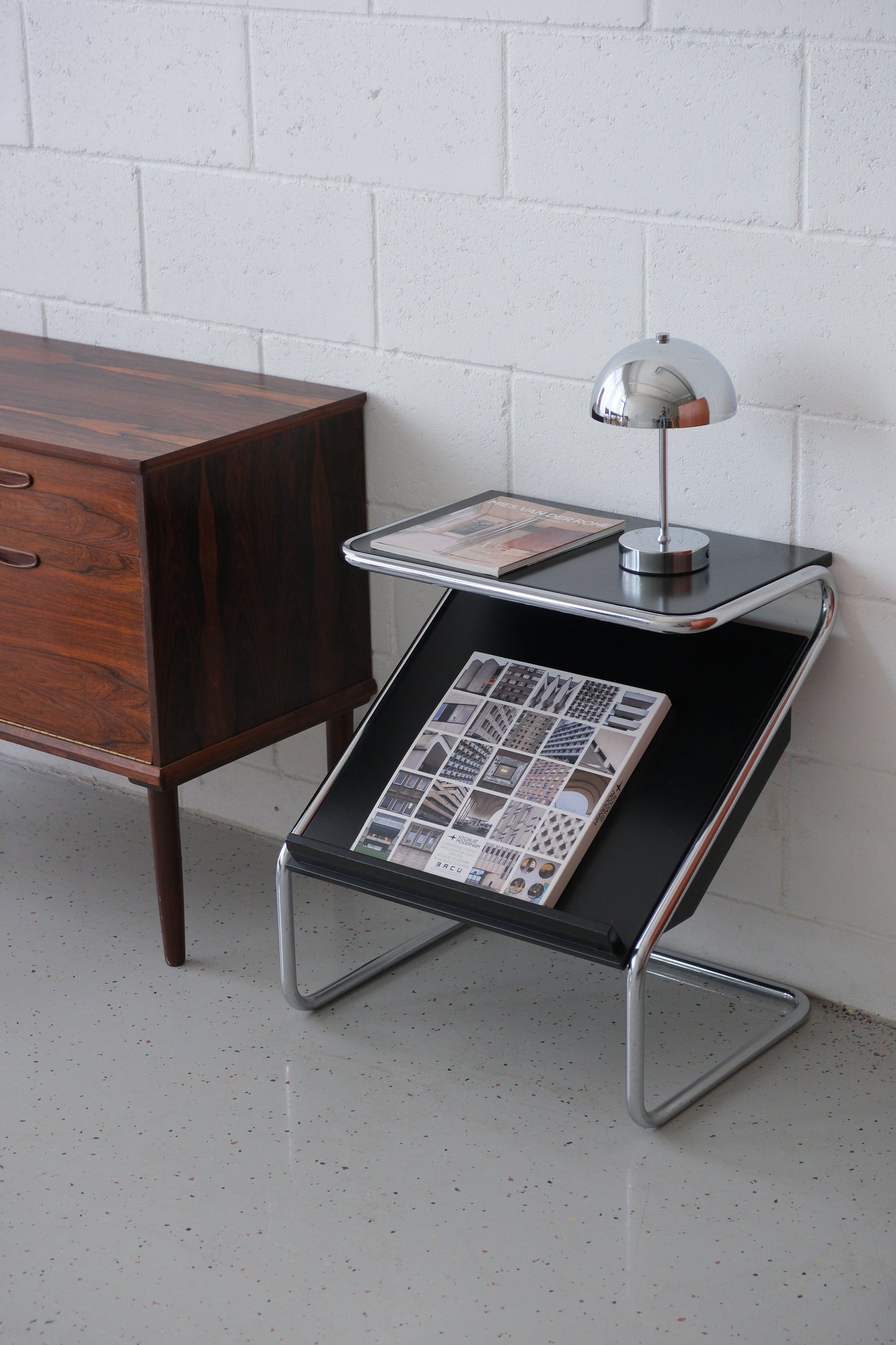 Bauhaus-Style Side Table with Storage Compartment & Magazine Rack