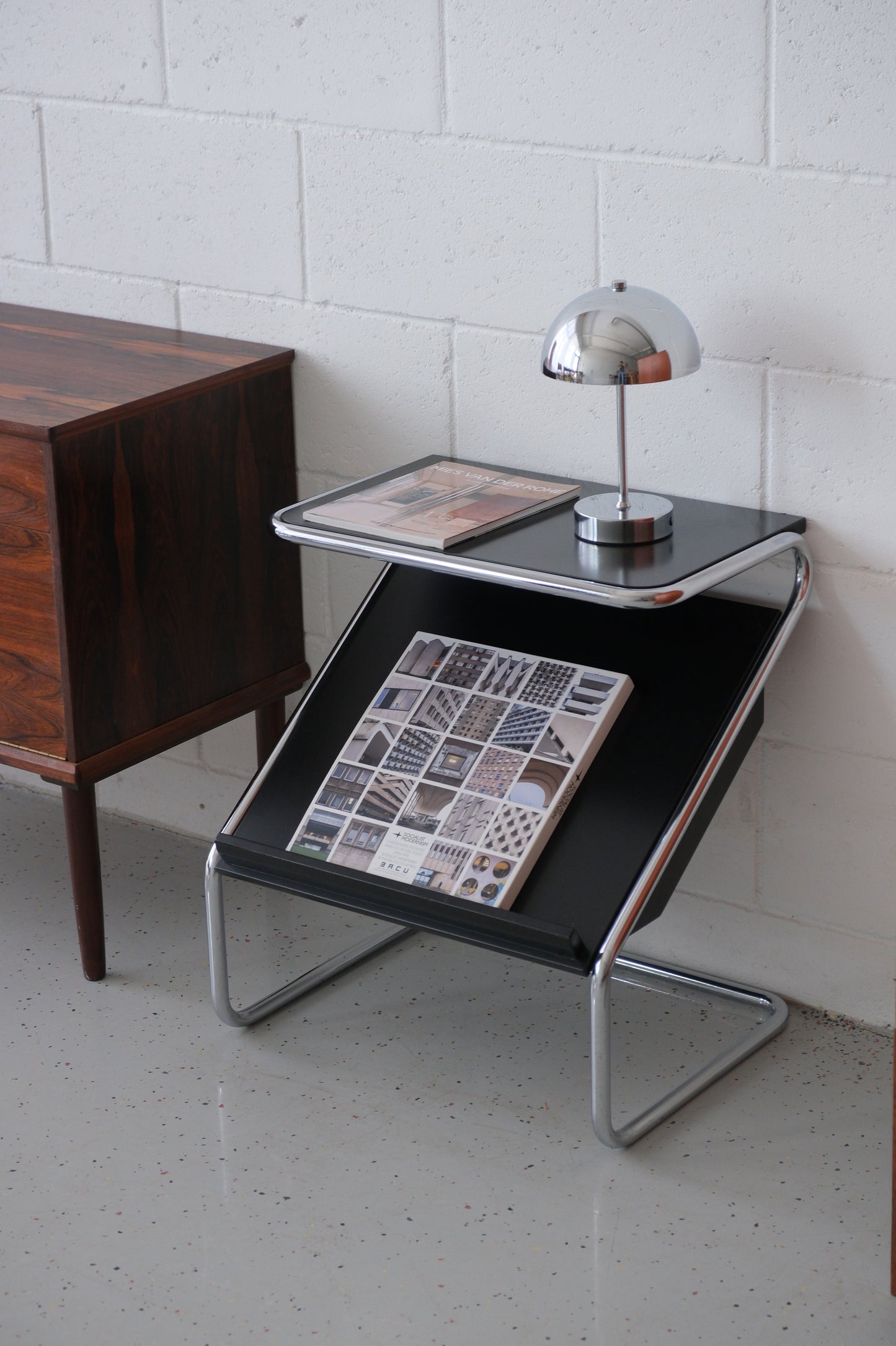 Bauhaus-Style Side Table with Storage Compartment & Magazine Rack