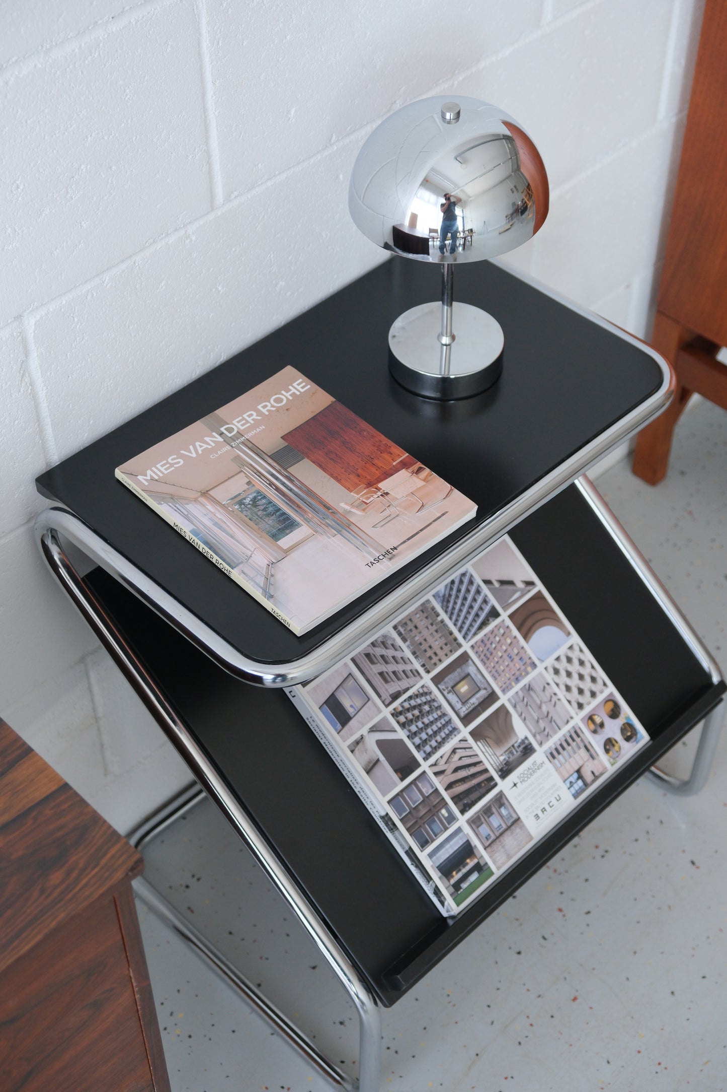 Bauhaus-Style Side Table with Storage Compartment & Magazine Rack