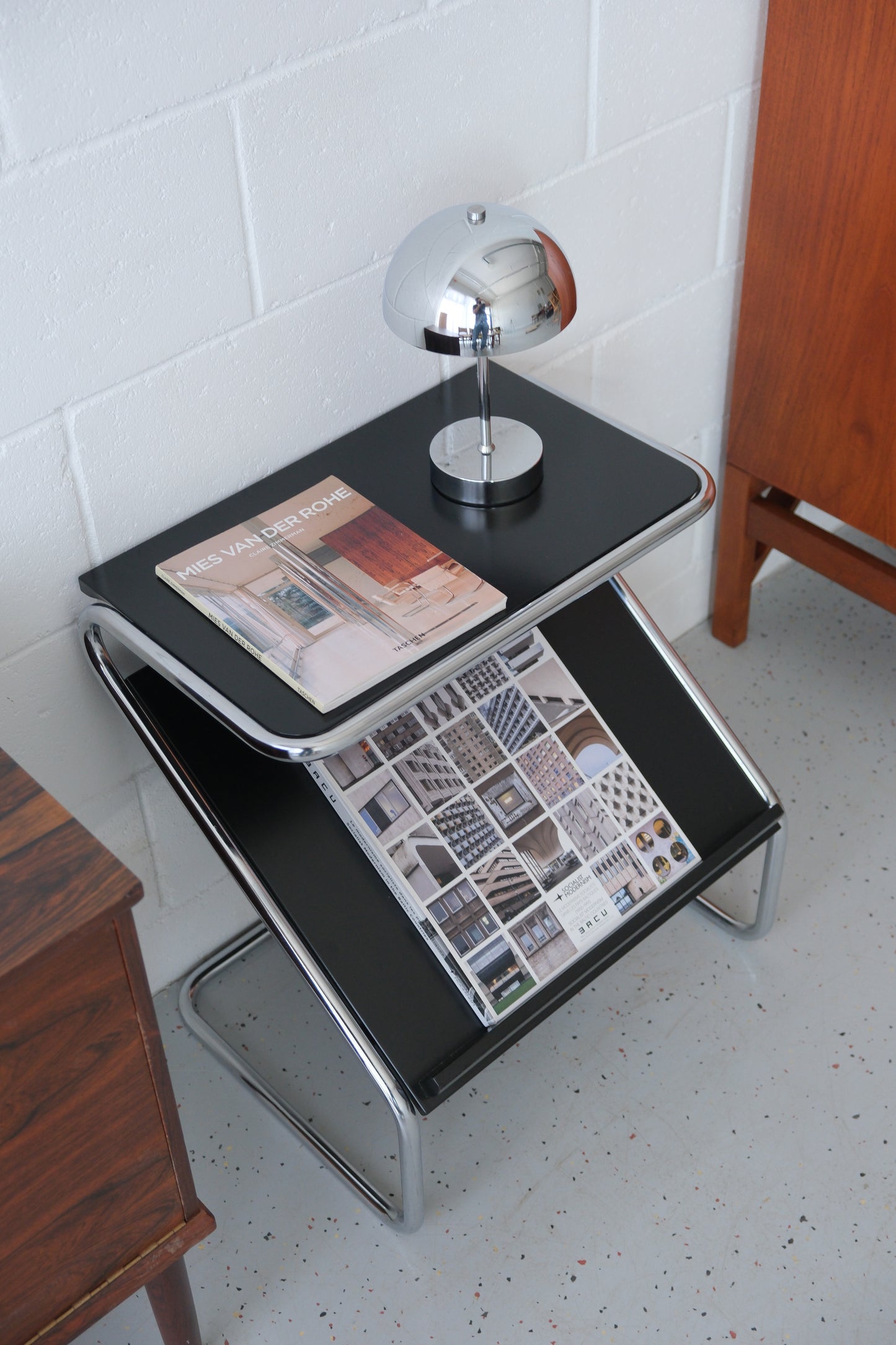 Bauhaus-Style Side Table with Storage Compartment & Magazine Rack