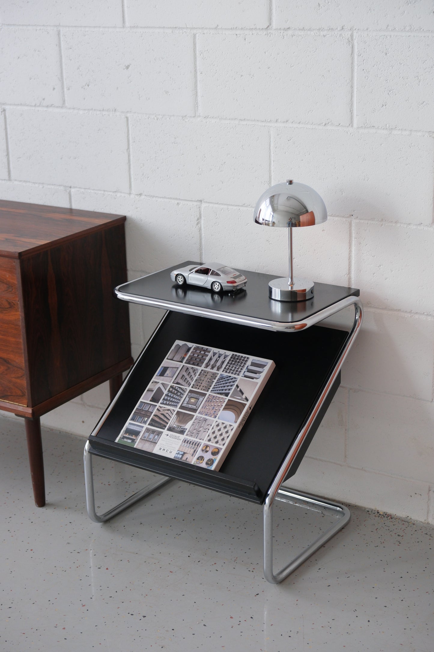 Bauhaus-Style Side Table with Storage Compartment & Magazine Rack